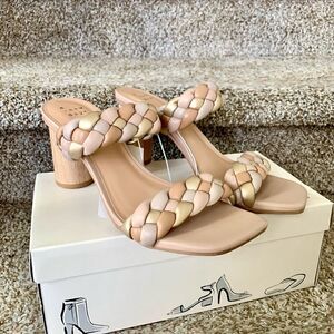 New Metallic Beige & Gold Braided Block Basil Mule Heels Open Toe Sandals